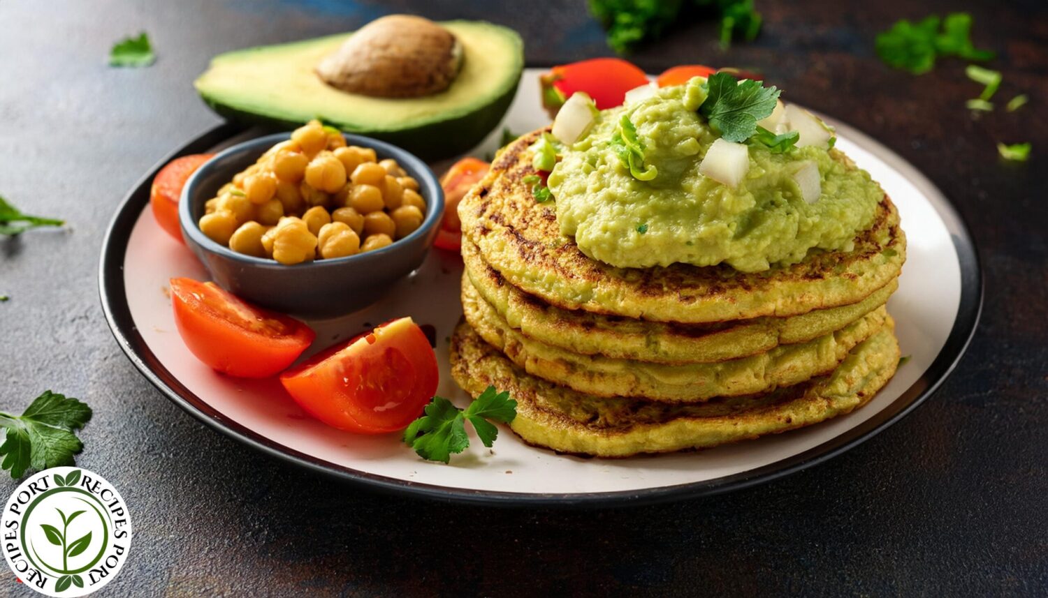 Chickpea pancakes with avocado and tomatoes