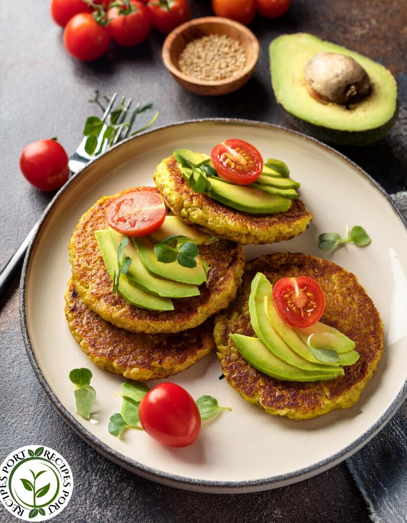 Chickpea pancakes with avocado and tomatoes 