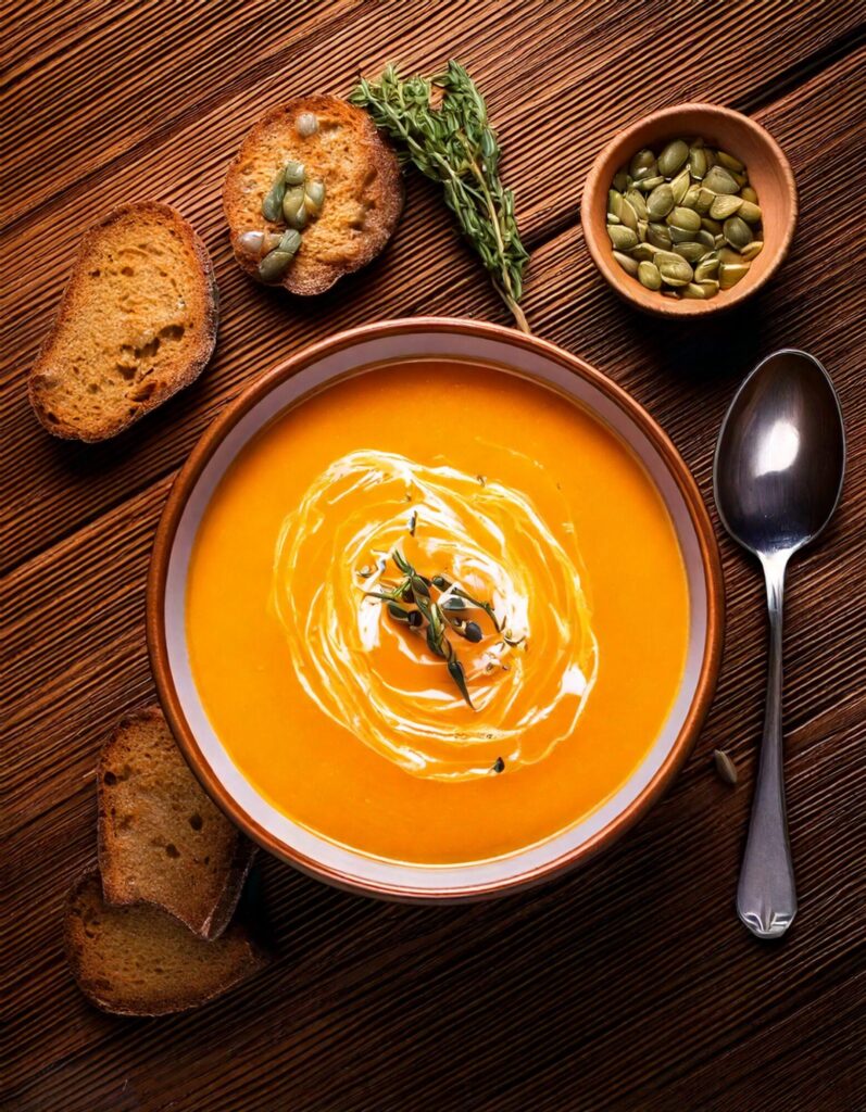 An inviting, overhead view of a bowl of creamy roasted butternut squash soup, topped with a swirl of cream, roasted pumpkin seeds, and a sprinkle of fresh herbs like thyme or parsley. The soup has a rich golden-orange color and is placed on a rustic wooden table with a warm, cozy ambiance. Around the bowl, place a slice of crusty bread, a small bowl of fresh thyme sprigs, and a spoon. Natural lighting, highlighting the soup’s creamy texture and garnishes, with soft shadows for a cozy, autumnal feel