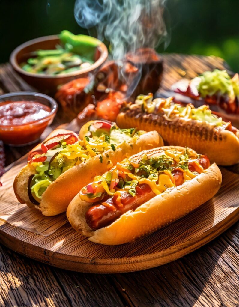 Homemade Vegan Hot Dogs recipe. The hot dogs are grilled with golden brown marks, served in whole-grain buns, topped with vibrant fresh veggies, and presented in a casual BBQ setting