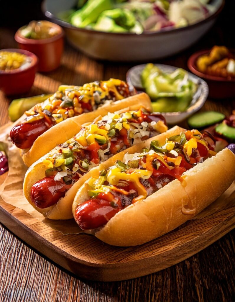 Homemade Vegan Hot Dogs recipe. The hot dogs are grilled with golden brown marks, served in whole-grain buns, topped with vibrant fresh veggies,