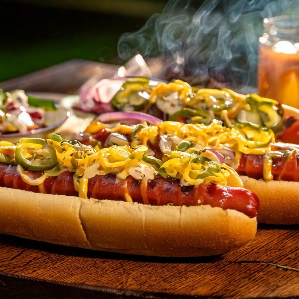 Homemade Vegan Hot Dogs recipe. The hot dogs are grilled with golden brown marks, served in whole-grain buns, topped with vibrant fresh veggies, and presented in a casual BBQ setting