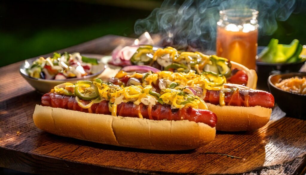 Homemade Vegan Hot Dogs recipe. The hot dogs are grilled with golden brown marks, served in whole-grain buns, topped with vibrant fresh veggies, and presented in a casual BBQ setting