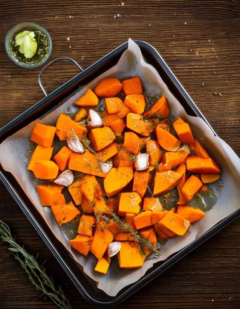 An overhead shot of cubed butternut squash, chopped onions, and garlic cloves arranged on a baking sheet, ready for roasting. The vegetables are drizzled with olive oil and sprinkled with salt, pepper, and fresh thyme sprigs for flavor. The scene is set on a rustic wooden surface with natural lighting, emphasizing the fresh ingredients and vibrant orange of the squash. The hand of a person is shown lightly tossing the ingredients to coat them in olive oil, adding an interactive, home-cooking feel.